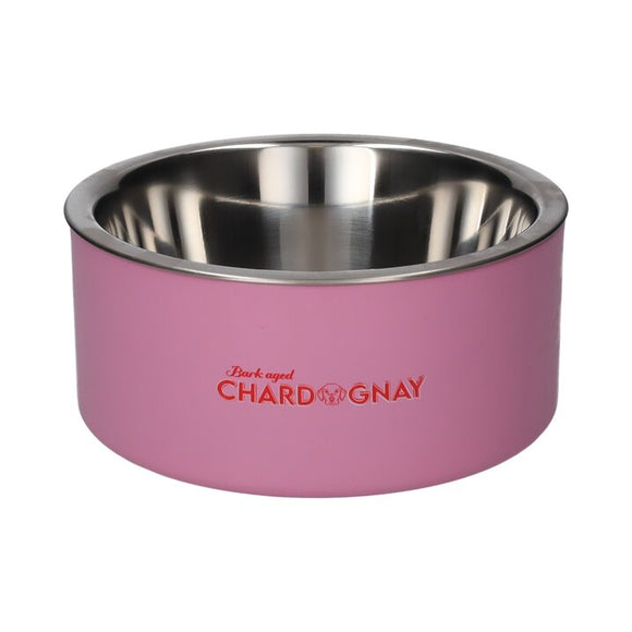 Chardognay madskål i pink metal med gravhunde-motiv fra GiftCompany
