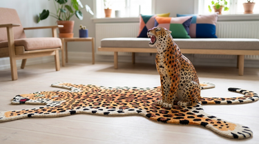 Leopard tæpper på et lyst trægulv i en stue