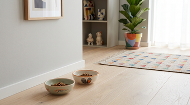 Katte skåle stillet frem på et dækket bord