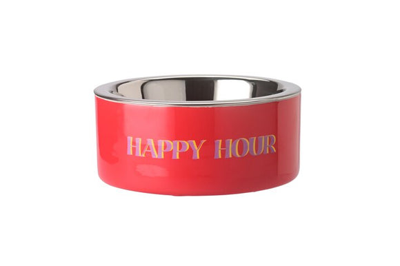 Happy Hour madskål i neonrød metal med indsats i rustfrit stål fra GiftCompany