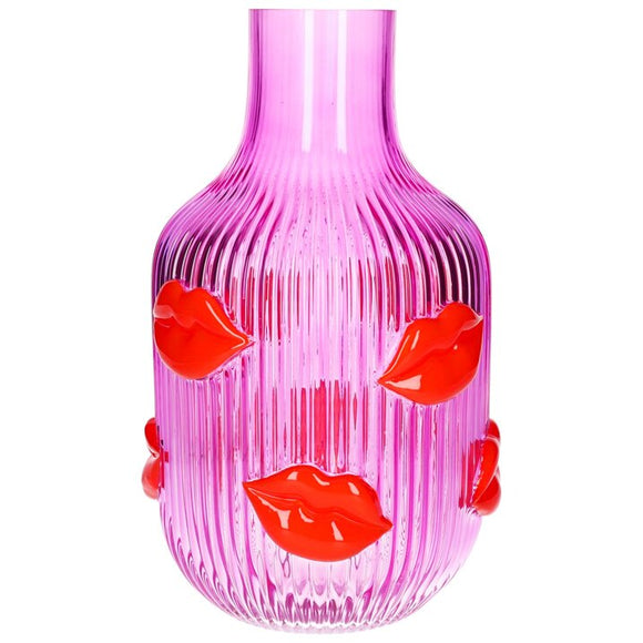 Pink læbe vase i riflet glas, 30 cm
