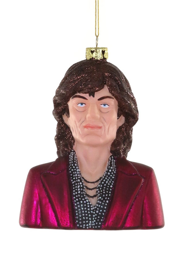 Juleornament i glas: Mick Jagger-figur med krøllet hår og bordeaux jakke