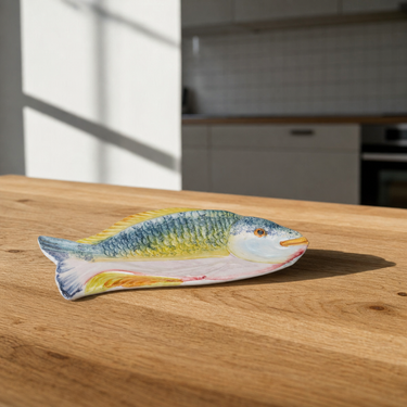 Fiskefad i blå/gul fra Caja company – på spisebord eller køkkenbord