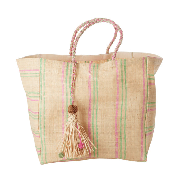 Raffia shopping taske med grønne og pink detaljer fra Rice